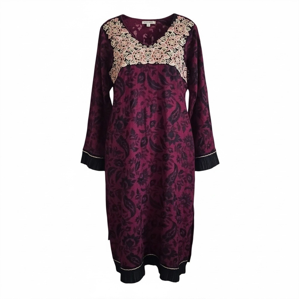 Vintage Kaftan Maxi Dress Sz M Magenta‎ Embroidered Floral Boho Goth Whimsigoth